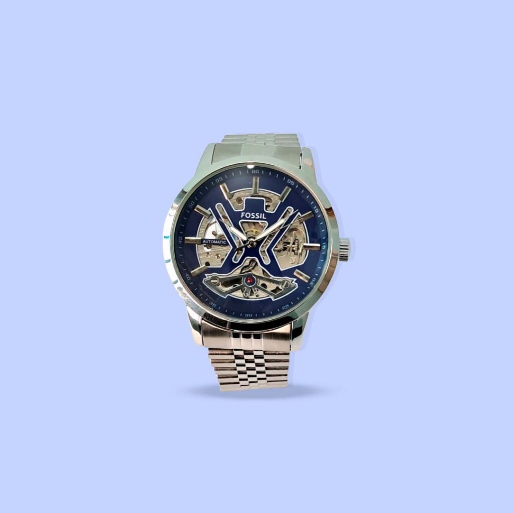 Fossil Skeleton Automatic Copy Watch – Blue Dial, Stainless Steel Strap