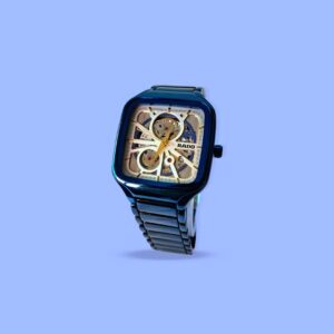 Rado True Square Open Heart Copy Watch – Metallic Blue Strap, Transparent Dial