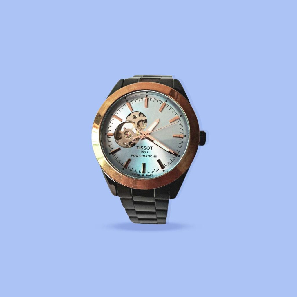 Tissot Gentleman Powermatic 80 Automatic Open Heart  First Copy Watch – Silver Dial, Rose Gold Bezel, Black Strap